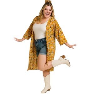 Bailey’s Blossoms XL/XXL Yellow Ditsy Floral Long Cardigan Boho Cottagecore